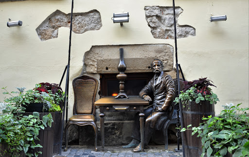 Monument of inventors kerosene lamp - Ignatius Lukasiewicz and Jan Zeg - Historical landmark in Lviv, Ukraine